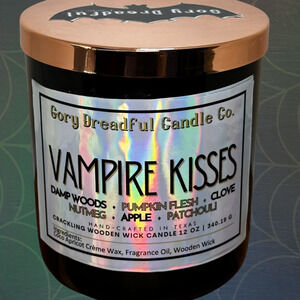 Vampire Kisses Crackling Wooden Wick Candle: Damp Woods Pumpkin Patchouli Scent
